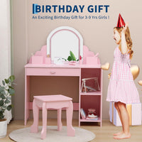Garvee Kids Vanity with Lighted Mirror & Stool, 2 In 1 Little Girls Vanity and Wooden Makeup Playset with Adjustable LED Light, Storage Drawer & Shelves for Girls 3-9, Pink