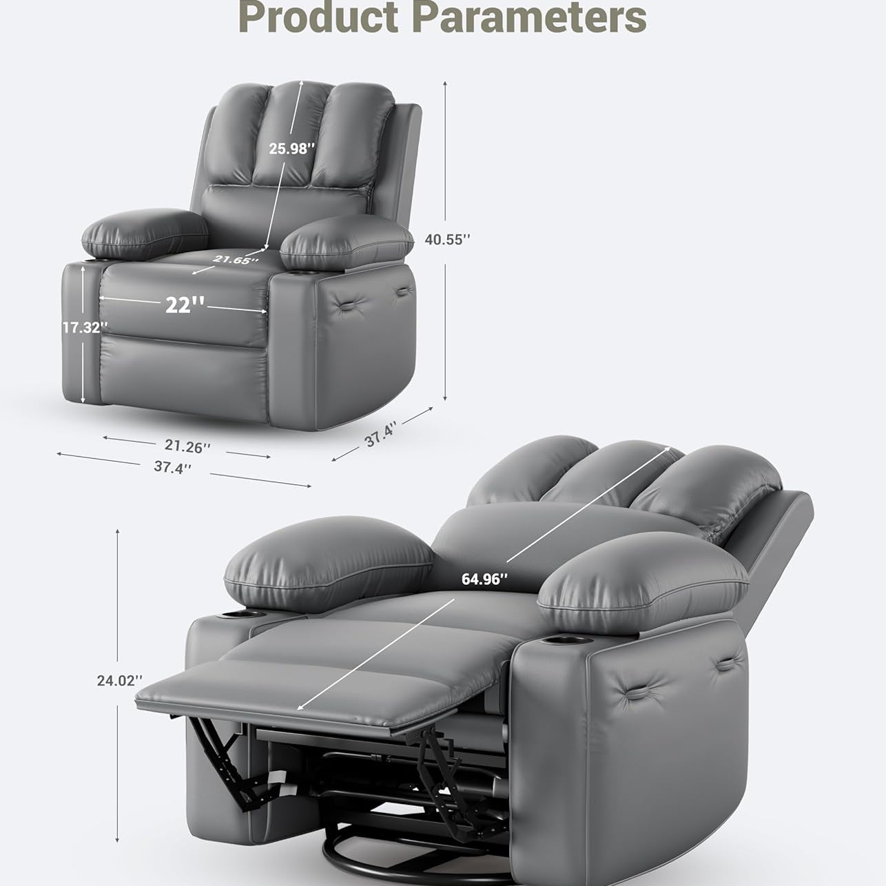 Garvee 22“ Massage Recliner Chair for Adults, Lounge Recliner with Vibrating Massage, PU Leather Recliner with Cup Holders and Side Pockets, for Living Room, Bedroom, and Nursery, Gray
