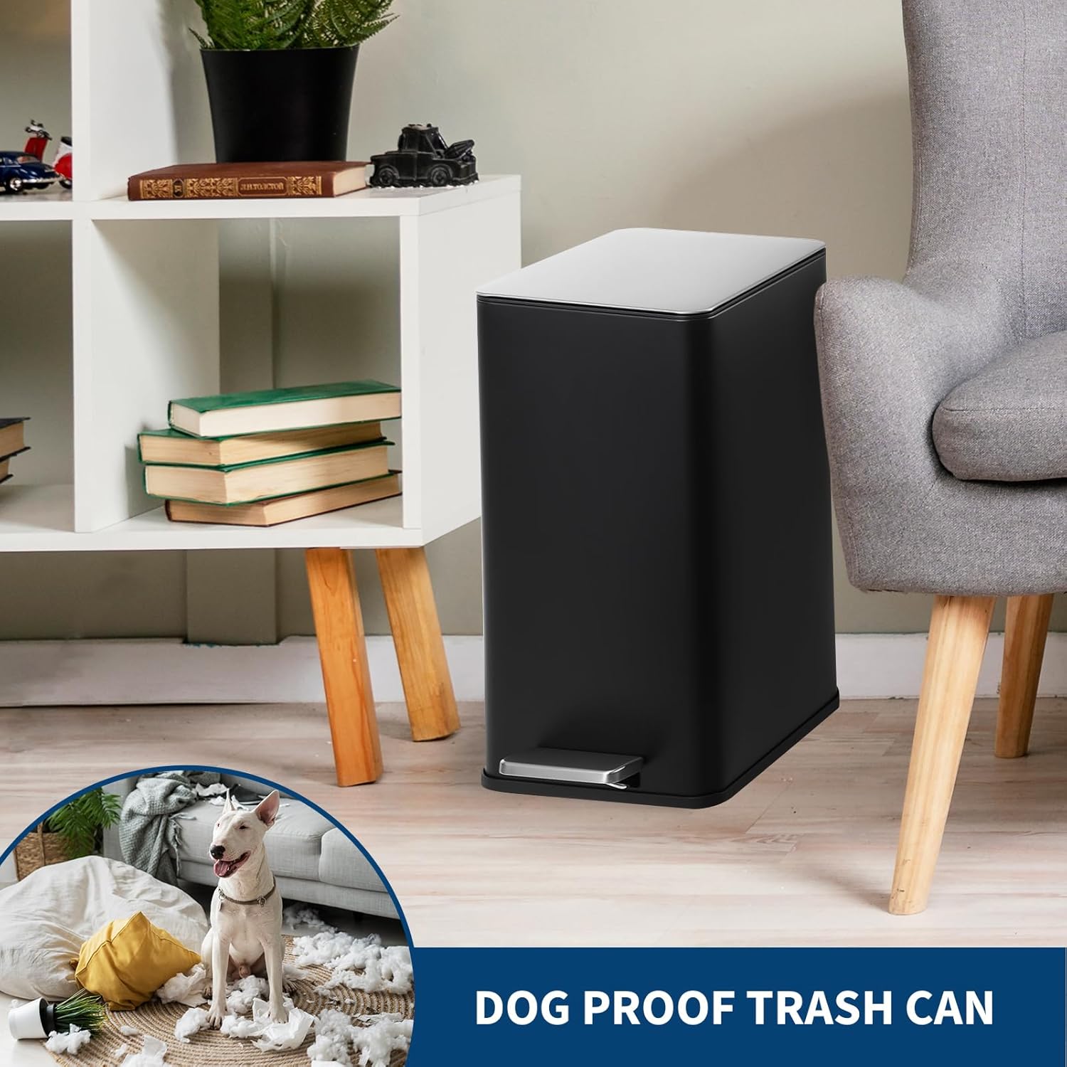 Garvee 4 Gallon Stainless Steel Step Trash Can with Removable Inner Bucket and Soft-Close Lid for Bathroom Living Room and Office, Black