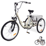 Garvee 24 Inch Adult 3 Wheel Electric Tricycle with Basket, Fat Tires,7 Speeds,350W Powerful Motor, 36V 10Ah Removable Battery - Beige - Beige