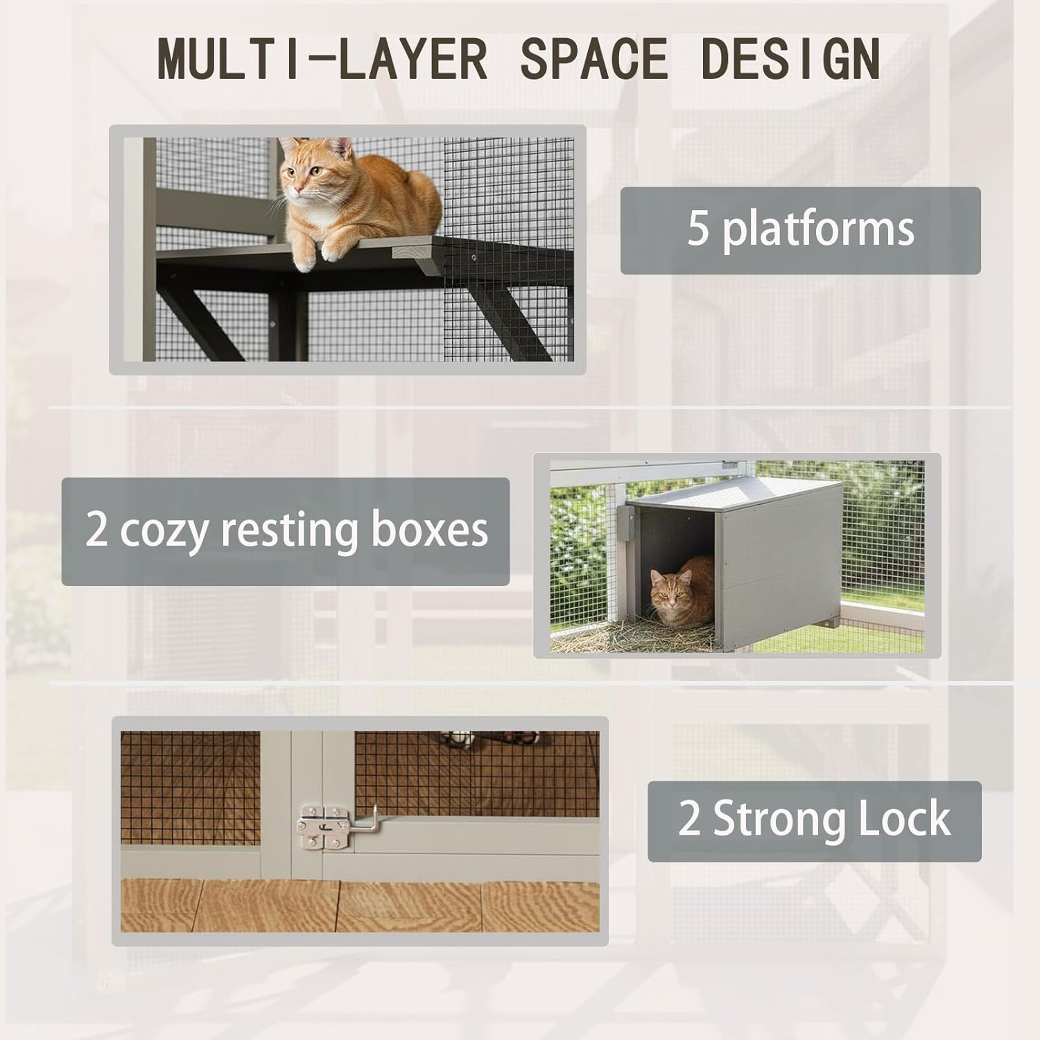 Garvee 70" Large Outdoor Catio Cat Enclosure, Wood Cat Patio with Waterproof UV-Resistant Roof, Cats Shelter with 5 Platforms and 2 Resting Box, and Secure Rust-Proof Wire for Backyard or Patio