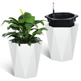 Garvee 16 Inch Tall Diamond Planters Set of 2, Self Watering Planters with Water Level Monitor and Wheels, Flower Pots Outdoor and Indoor for Patio, Porch, Living Room, Home Office, White - White