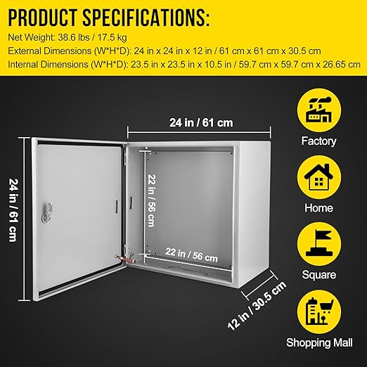 Garvee Junction Box, Steel Electrical Box 24x24x12", NEMA 4X Electrical Enclosure Box IP66 Waterproof & Dustproof, Universal Electrical Project Box with Lock & Mounting Plate