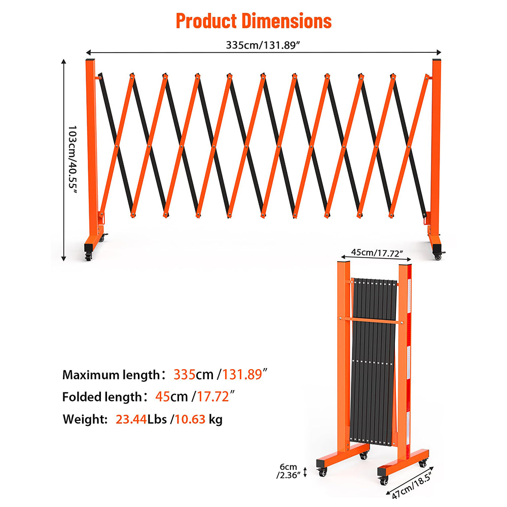 Garvee Metal Expandable Barricade, 11 Ft Folding Security Gate, High Strength Steel Expandable Barricade Gate Outdoor, Industrial Expandable Barricade Gate with Casters, Orange&Black