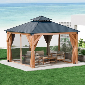 Garvee 10x10Ft Wooden Hardtop Gazebo, Double Metal Roof, Permanent Pavilion with Curtains & Netting, Heavy Duty Gazebo with 4.7'' Reinforced Poles, Spruce Wood, Outdoor Gazebo for Patio, Backyard, Garden