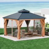 Garvee 10x10Ft Wooden Hardtop Gazebo, Double Metal Roof, Permanent Pavilion with Curtains & Netting, Heavy Duty Gazebo with 4.7'' Reinforced Poles, Spruce Wood, Outdoor Gazebo for Patio, Backyard, Garden