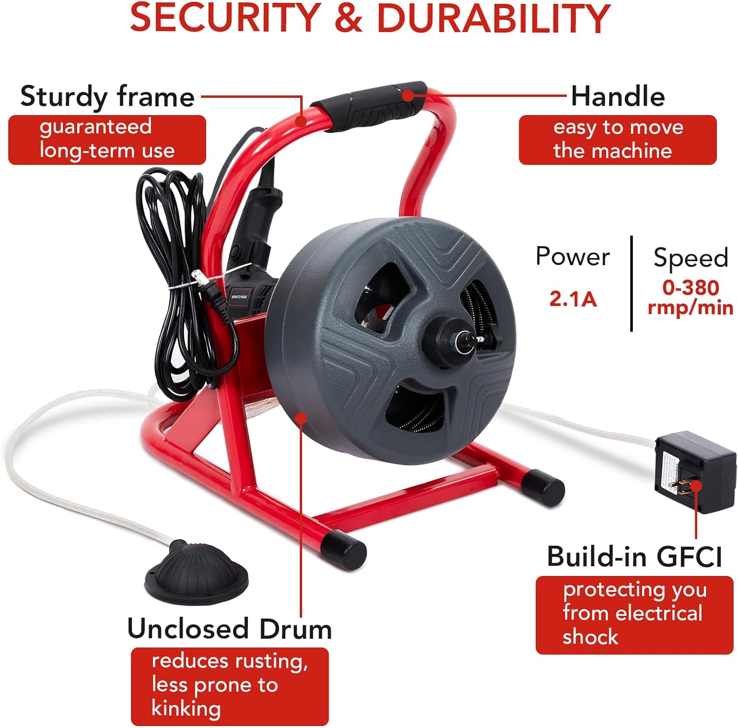 Garvee 50Ft x 5/16 Inch Drain Cleaner Machine, Drain Auger Professional for 3/4 to 3 Inch Pipes, Foot Switch with 6 Cutters, Gloves, Drain Auger Cleaner Sewer Snake