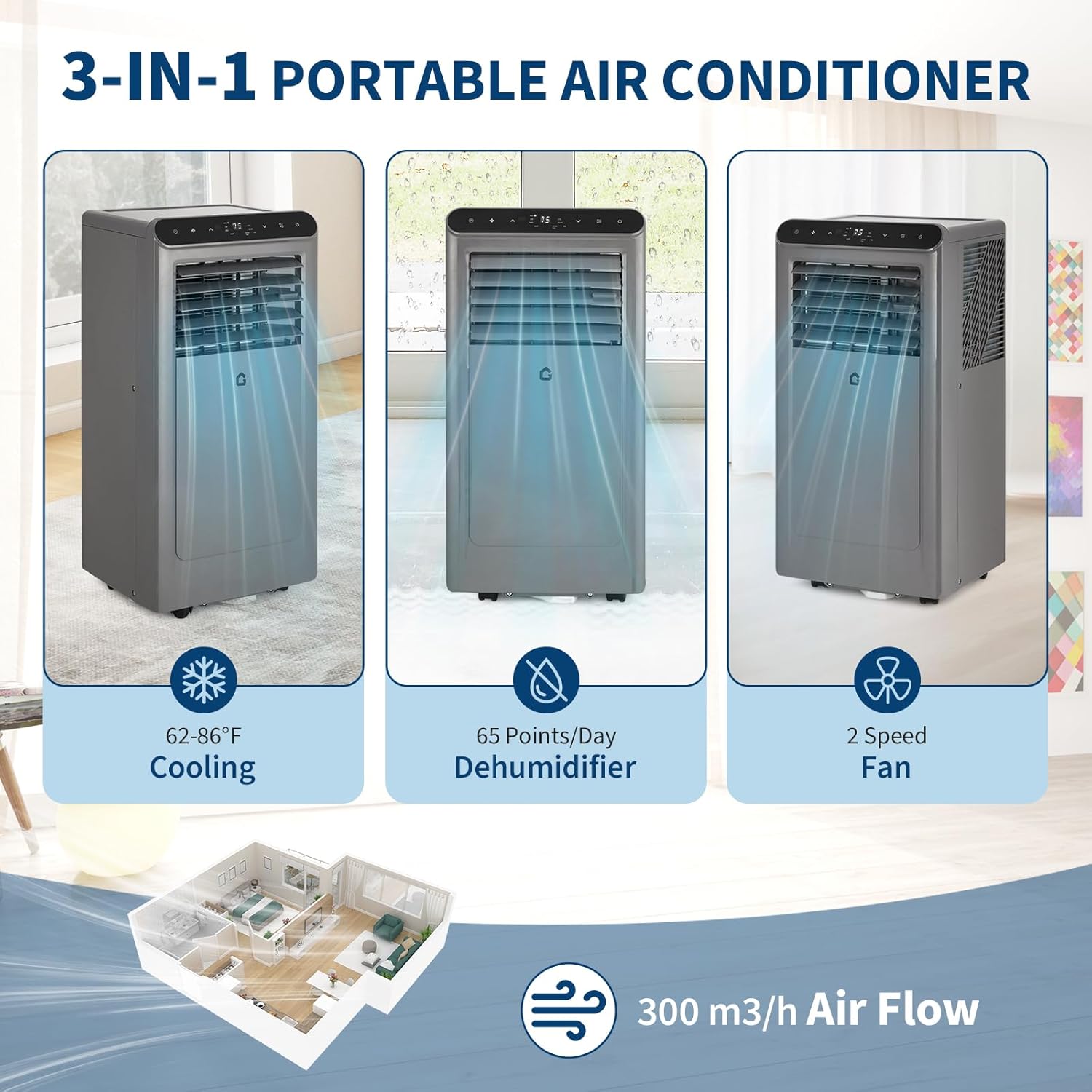 Garvee 2026 New Update 8000 BTU Portable Air Conditioners, 3-In-1 Portable AC Units for Rooms with Dehumidifier, Quiet Room Air Conditioner Cools Up to 350 Sq.Ft., Energy Efficient, Remote, 24Hrs Timer, Auto Swing