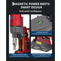 Garvee Magnetic Drill Press - 1.57" Boring Diameter, 820 RPM, 2922 lbf/13000N, 1450W Portable Drill Kit with 10-Speed Adjustment, Double Dovetail, and Adapter for Home and Industrial Use