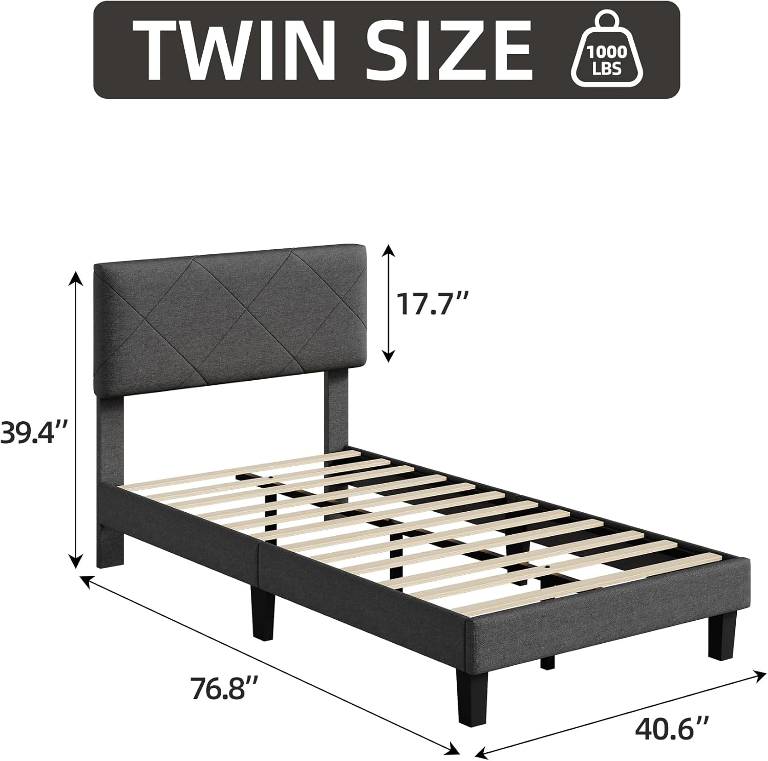 Garvee Twin Size Bed Frame with Upholstered Headboard, Twin Size Platform Bed Frame with Wooden Slat Support, Easy Assembly Platform Bed, No Box Spring Needed & Noise Free, Gray