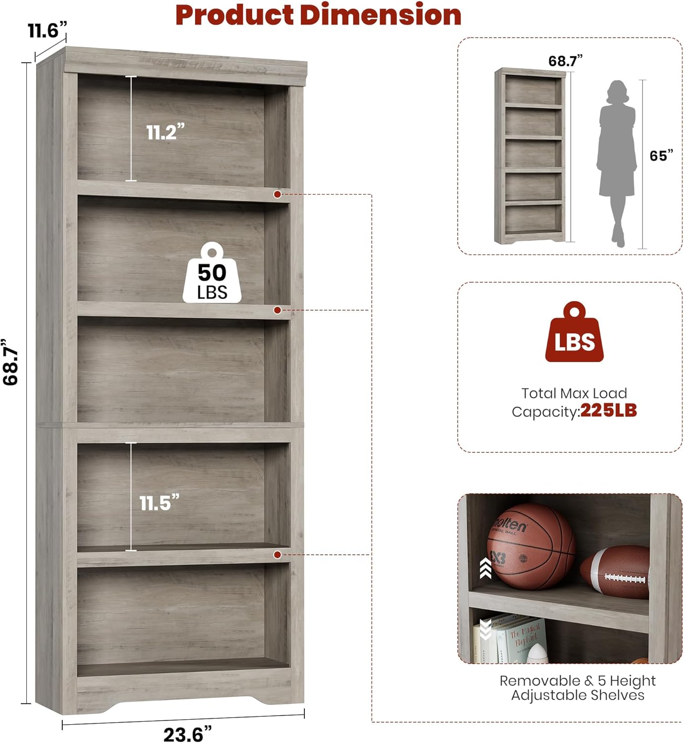 Garvee 5 Tier Bookshelf, 69" Tall Farmhouse Bookcase with Adjustable Shelves, 23.6" W Floor Standing Open Display Storage Rack with Anti-Slip Design for Home Office, Balcony, Library, Study / Living Room, Gray
