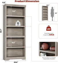 Garvee 5 Tier Bookshelf, 69" Tall Farmhouse Bookcase with Adjustable Shelves, 23.6" W Floor Standing Open Display Storage Rack with Anti-Slip Design for Home Office, Balcony, Library, Study / Living Room, Gray
