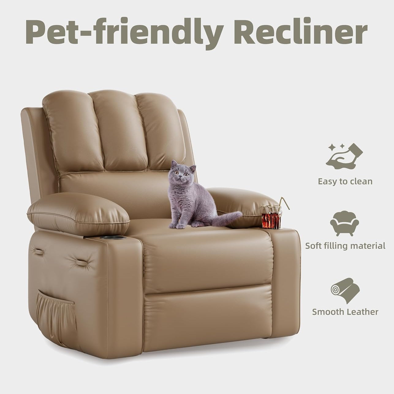 Garvee 22" Massage Recliner Chair for Adults, Lounge Recliner with Vibrating Massage, PU Leather Recliner with Cup Holders and Side Pockets, for Living Room, Bedroom, and Nursery, Tan