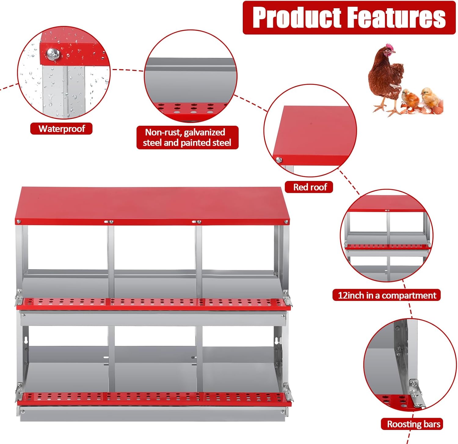 Garvee 6 Compartment Chicken Nesting Box - Heavy Duty Metal Coop with Roll Away Egg Collection, Perch, Lid Cover for Egg Protection - Wall Mount/Free Standing Nest Box for Chickens, Hens, Ducks