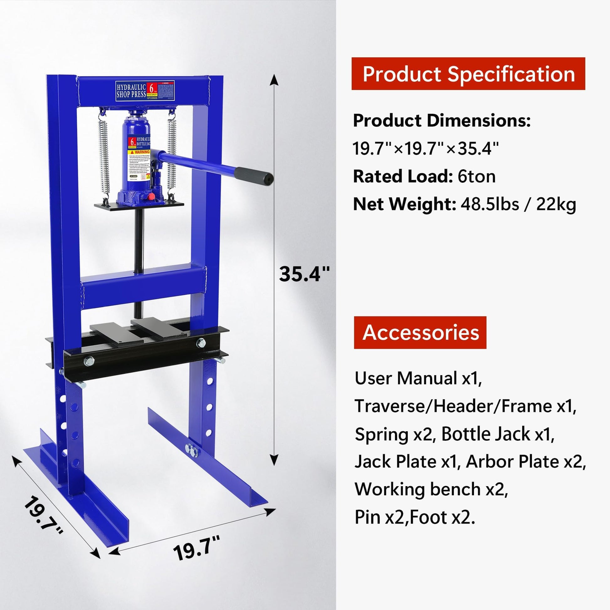 Garvee 6-Ton Hydraulic H-Frame Shop Press - 4-Hole Adjustable Height Table with Movable Plates for Garage and Professional Use, Blue