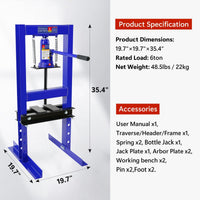 Garvee 6-Ton Hydraulic H-Frame Shop Press - 4-Hole Adjustable Height Table with Movable Plates for Garage and Professional Use, Blue