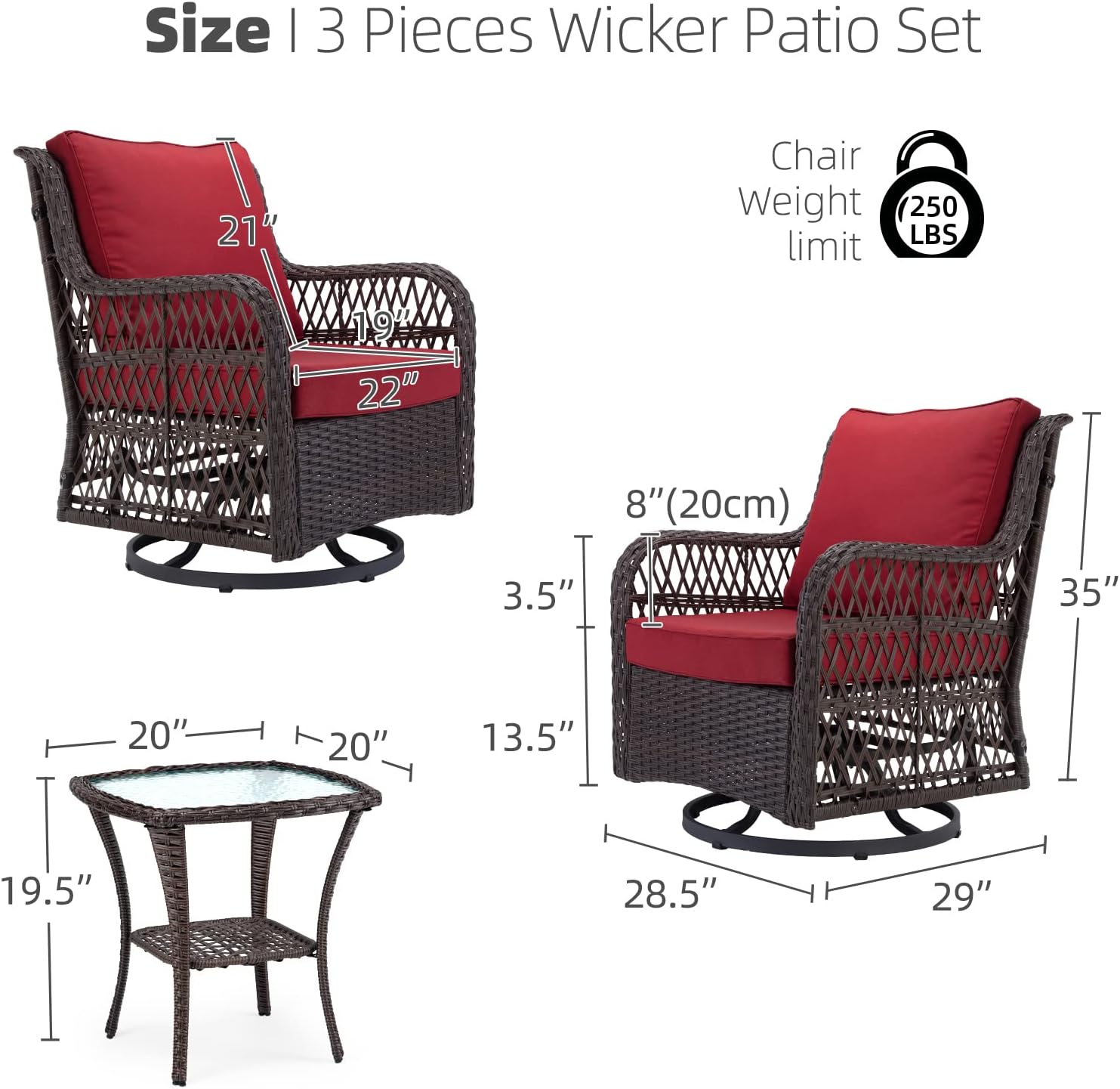 Garvee 3 Pieces Rattan Swivel Rocking Chair Outdoor, Patio Bistro Conversation Furniture Set, Wicker Chair with Cushions and Table - Red