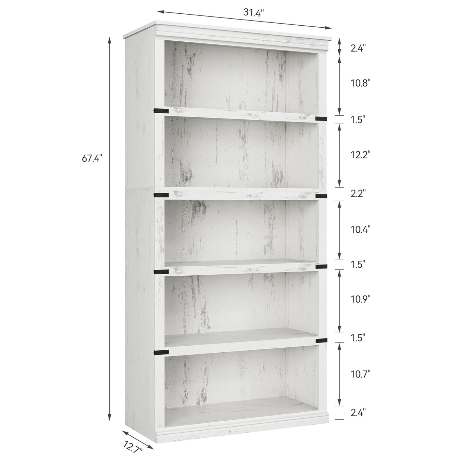 Garvee 5 Tier Bookcase, Farmhouse Book Shelf with Storage, Tall Book Case Wooden 5 Shelf Bookcase for Home Office, Living Room, Bed Room (White, 67.4" H x 31.5" W x 12.8" D)