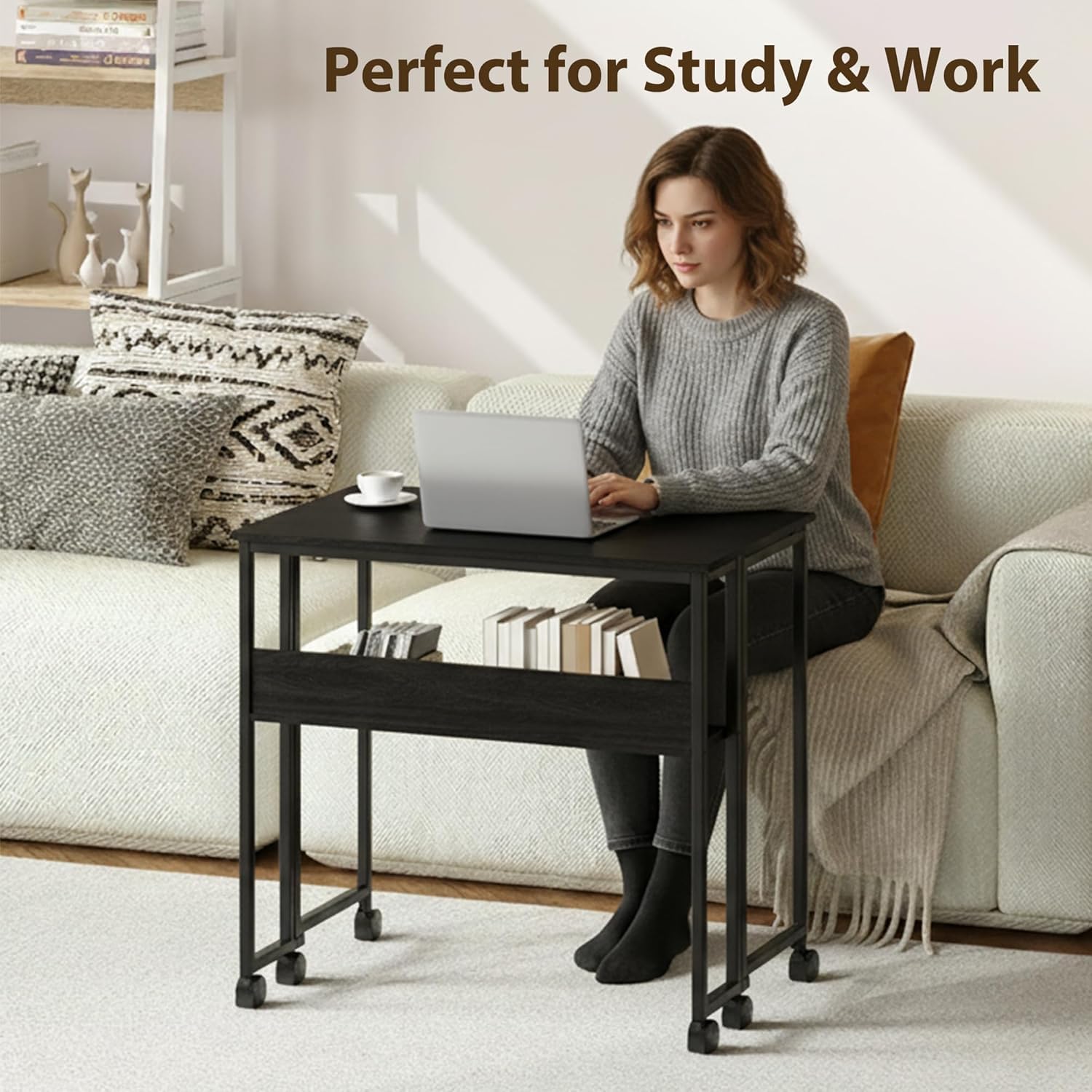 Garvee Folding Desk Small Rolling Desk with Storage Shelf, 24.8 Inch Foldable Computer Table with Wheels, Portable Office Desk for Small Space End Table,Writing Work Office Computer Desk, Black
