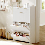 Garvee Narrow Shoe Storage Cabinet with 3 Flip Drawers, Farmhouse Fluted Shoe Organizer, Freestanding Wooden Shoe Rack Cabinet Hidden for Entryway, Hallway, White - White