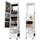 Garvee Jewelry Armoire with Led, 360° Swivel Jewelry Armoire with Full Length Mirror, Jewelry Storage, Bottom Drawer, Shelf, Wheels, Lockable Freestanding Jewelry Cabinet for Bedingroom