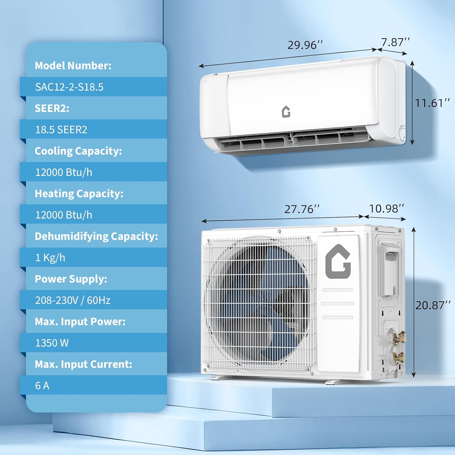 Garvee 12000 BTU 18.5 SEER 2 230V~ Mini Split AC/Heating System With WiFi, , Suitable for 750+ Sq. Ft