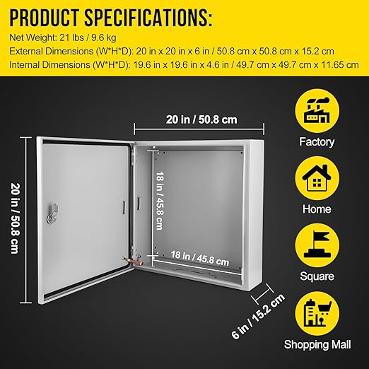 Garvee Junction Box, Steel Electrical Box 20x20x6", NEMA 4X Electrical Enclosure Box IP66 Waterproof & Dustproof, Universal Electrical Project Box with Lock & Mounting Plate