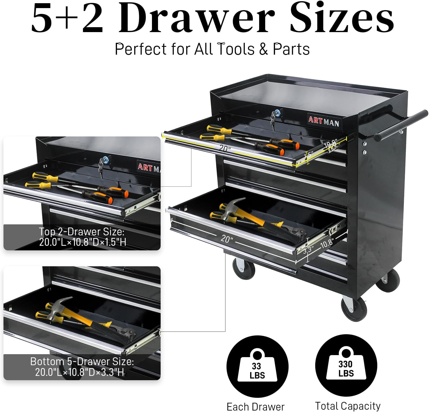 Garvee 7-Drawer Metal Rolling Tool Chest with Wheels,Heavy Duty Tool Storage Cabinet with Locking System,Toolbox with Wheels for Garage, Warehouse, Workshop, Repair Shop