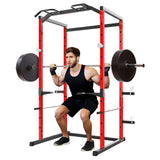 Garvee Power Cage Squat Rack for Home Gym, 1100 LB Capacity, Red, Adjustable Safety Bars, Pull-Up & Dip Bars - Red