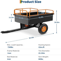 Garvee Heavy Duty ATV Trailer Steel Dump Cart 750 LBS Load 15 Cu Ft Volume Reinforced Steel Removable Sides 16" Air Tires Garden Utility