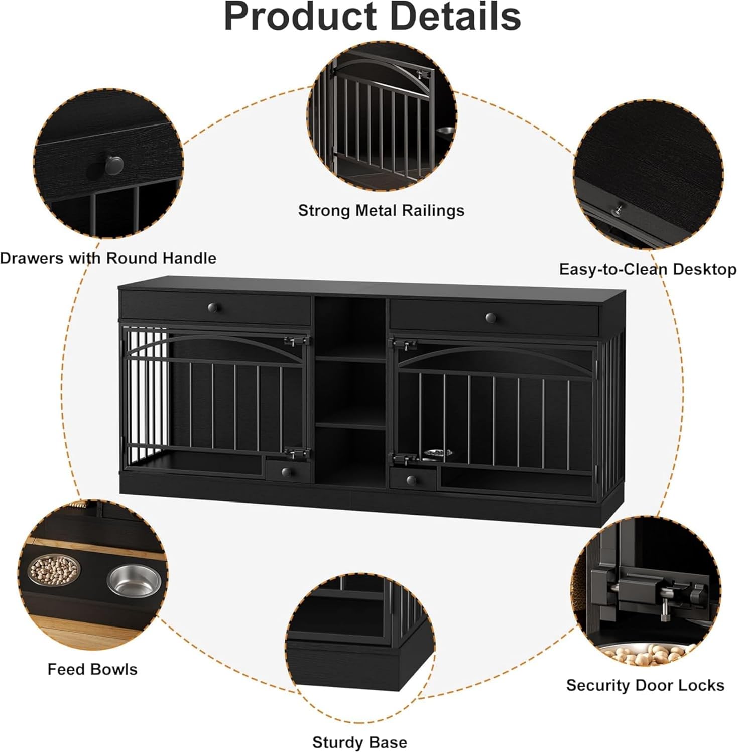 Garvee Dog Crate Furniture for 2 Dogs, 78.7" Large Dog Kennel Indoor with 2 Storage Drawers, 3 Shelves and Feeding Bowls, Double Dog Crate TV Stand for Small and Medium Dogs, Black