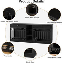 Garvee Dog Crate Furniture for 2 Dogs, 78.7" Large Dog Kennel Indoor with 2 Storage Drawers, 3 Shelves and Feeding Bowls, Double Dog Crate TV Stand for Small and Medium Dogs, Black