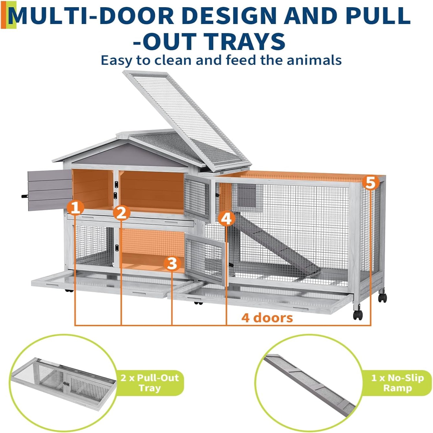 Garvee 63“ Rabbit Cage with Weatherproof Roof, Bunny Cage with 6 Lockable Caster Wheels & Pull-Out Tray, Rabbit Hutch for Indoor Outdoor Use, Grey