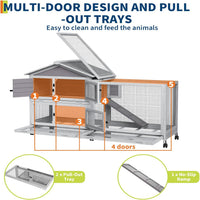 Garvee 63“ Rabbit Cage with Weatherproof Roof, Bunny Cage with 6 Lockable Caster Wheels & Pull-Out Tray, Rabbit Hutch for Indoor Outdoor Use, Grey
