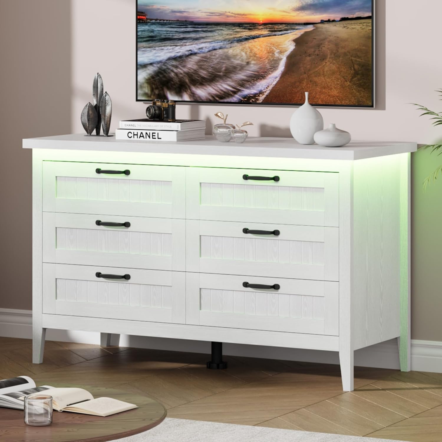 Garvee 6 Drawer Dresser with Power Outlet, White Dresser with LED Light, Modern Chest of Drawers for Closet, Double Wide Drawer Organizer Cabinet for Bedroom, Living Room