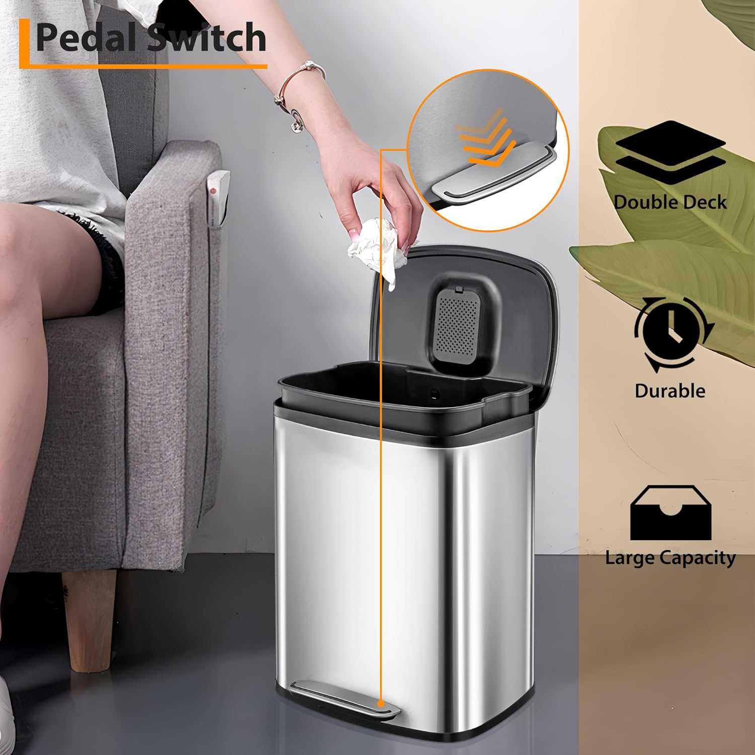 Garvee 13Gal Stainless Steel Kitchen Trash Can, 50L Pedal Heavy Duty Hands-Free Garbage Can, Commercial Brushed Step Waste Bin for Bathroom Bedroom Home Office