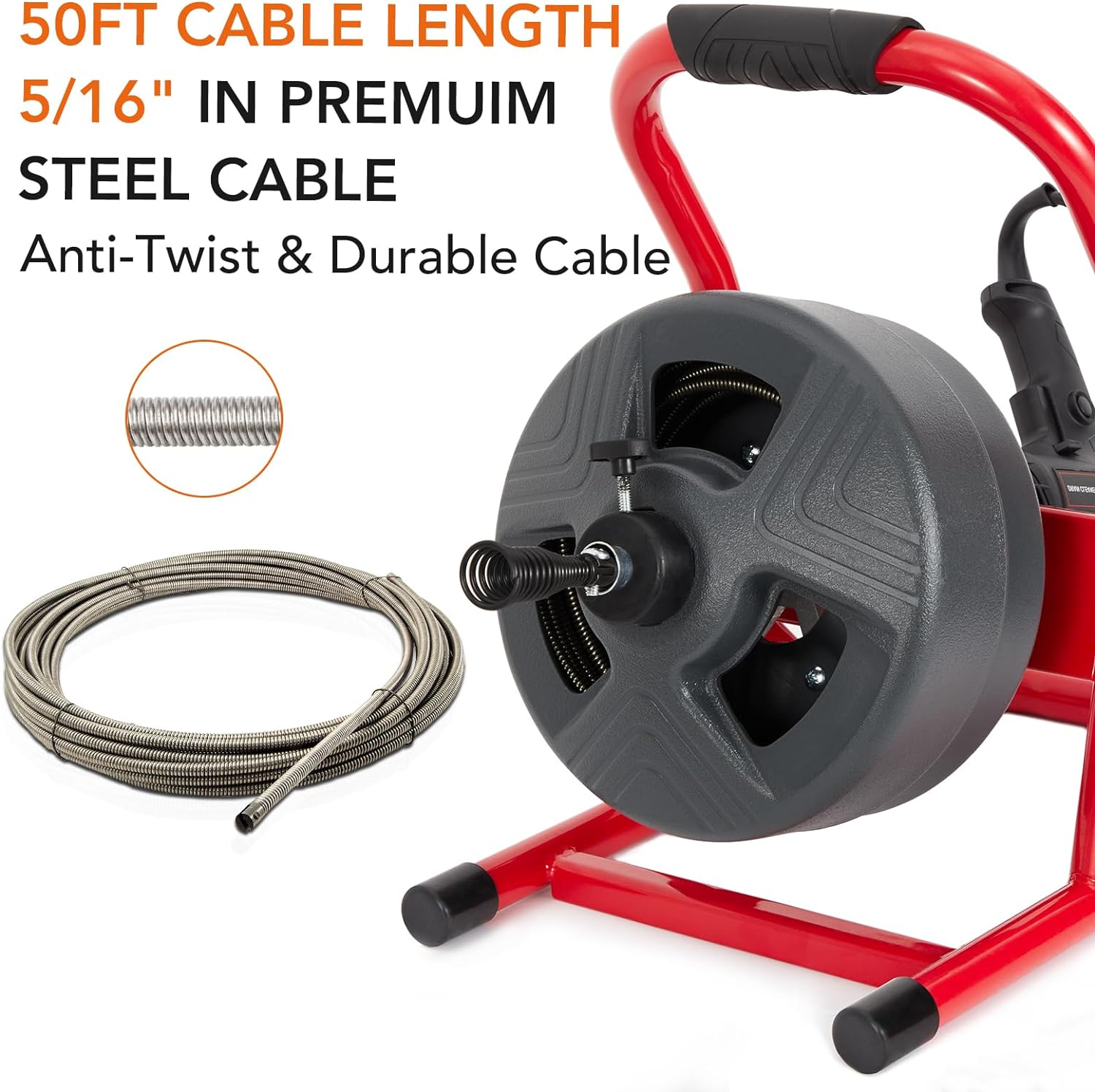 Garvee 50Ft x 5/16 Inch Drain Cleaner Machine, Drain Auger Professional for 3/4 to 3 Inch Pipes, Foot Switch with 6 Cutters, Gloves, Drain Auger Cleaner Sewer Snake