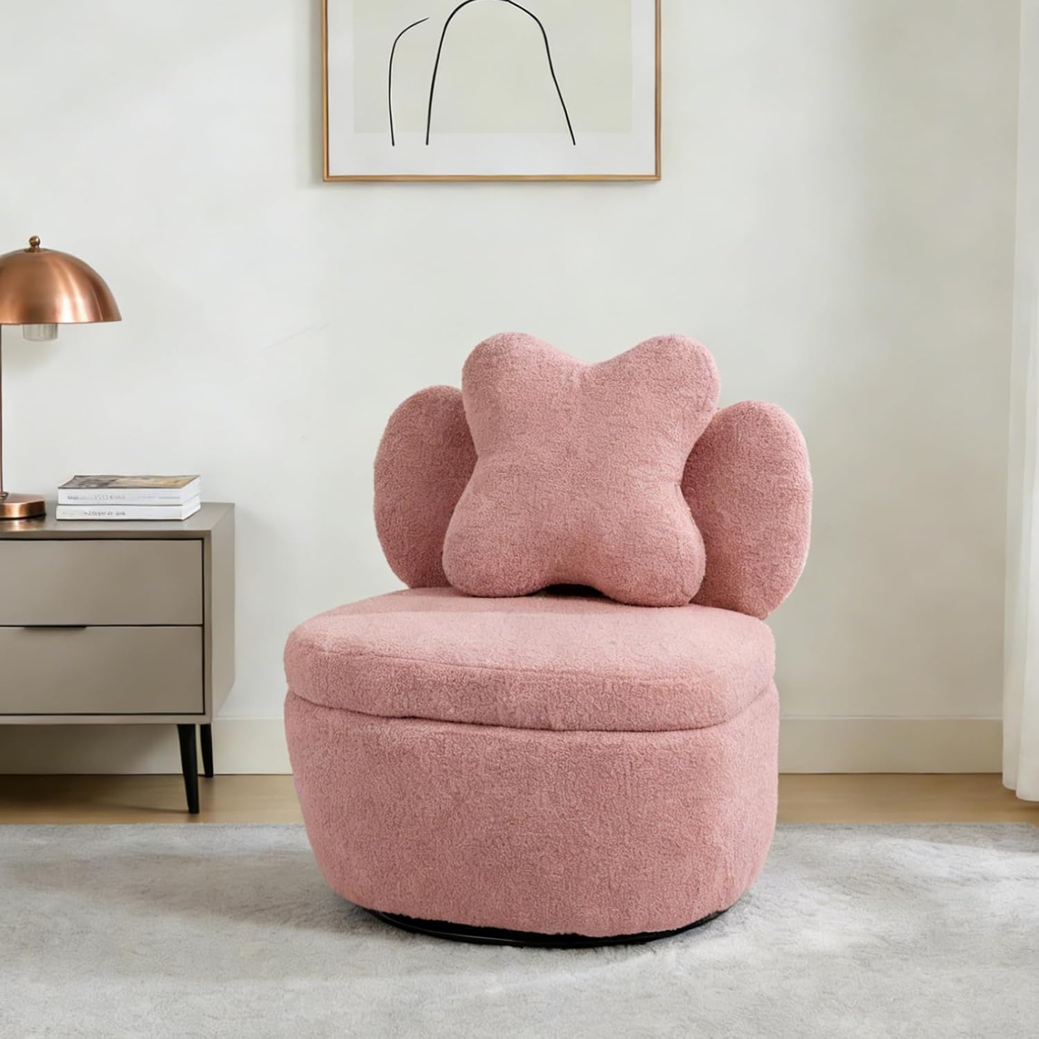 Garvee 360° Swivel Armchair with Storage, Teddy Velvet Accent Chair with Pillow, Ergonomic Design, 300 Lbs Capacity, Easy Assembly, Modern Lounge Chair for Living Room, Bedroom & Office, Pink