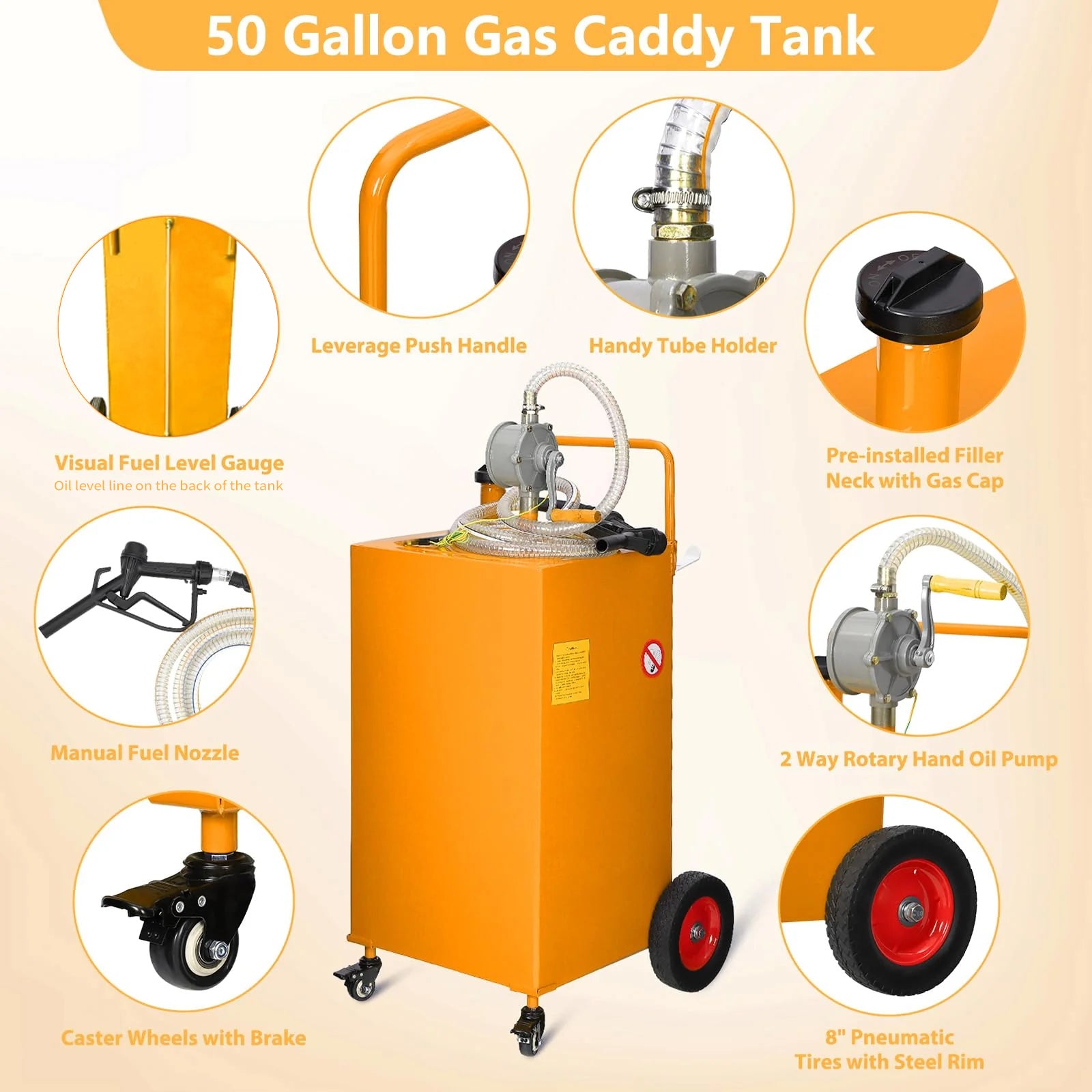 Garvee 50 Gal Fuel Caddy With Manual Pump Heavy Duty Gasoline Diesel Transfer Tank On Wheels Orange