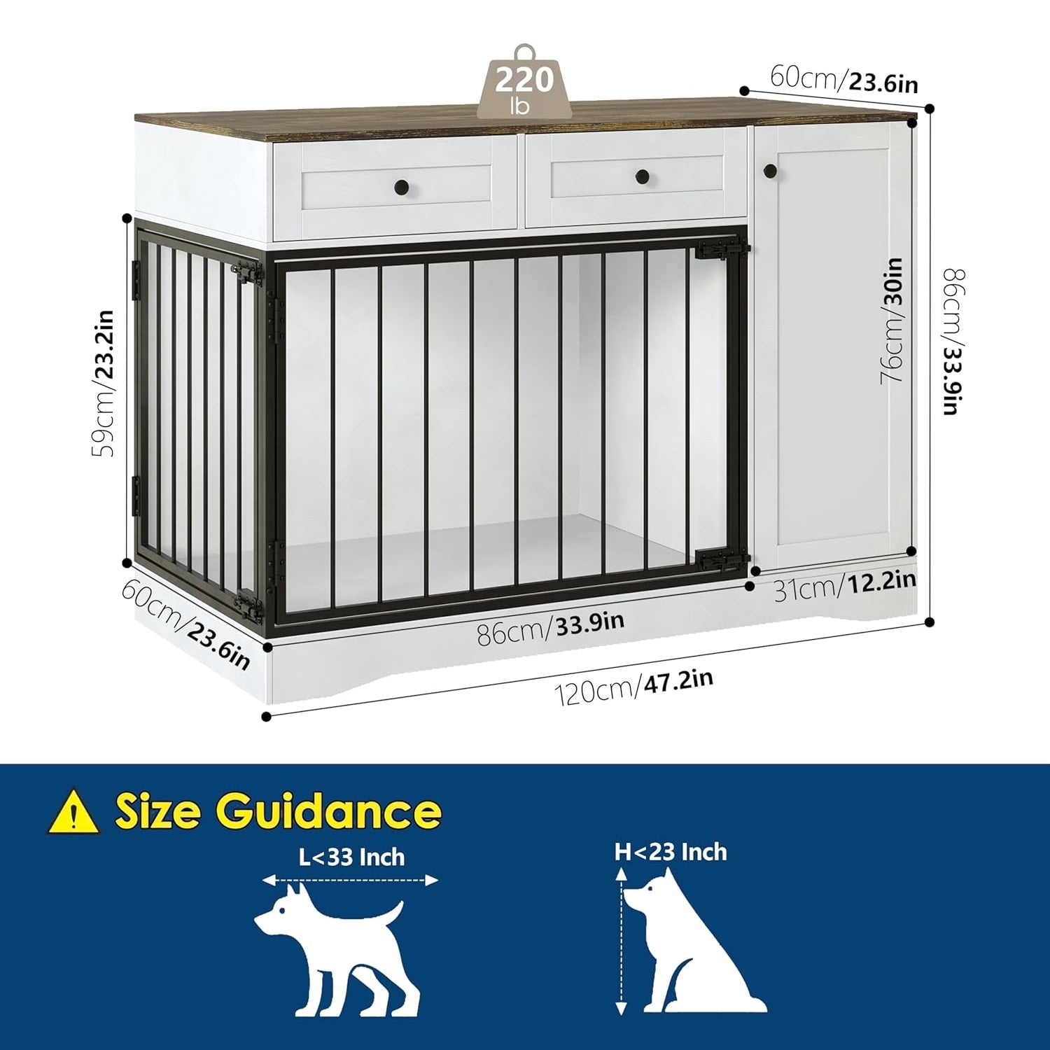 Garvee Farmhouse Dog Crate Furniture, 47" Modern Indoor Kennel with Double Doors, TV Stand & Buffet Cabinet, Dog Cage End Table with 2 Drawers & Storage for Small & Medium Dogs