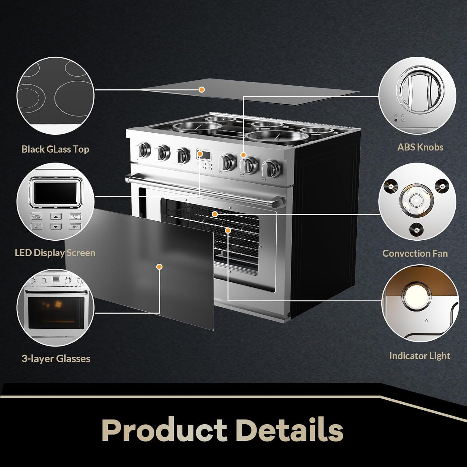 Garvee 36" Electric Range with 6 Heating Elements Cooktop, 6 Functions Convection Electric Oven, 6 Cu.Ft Capacity, Stainless Steel, Clock, Smooth Glass Top