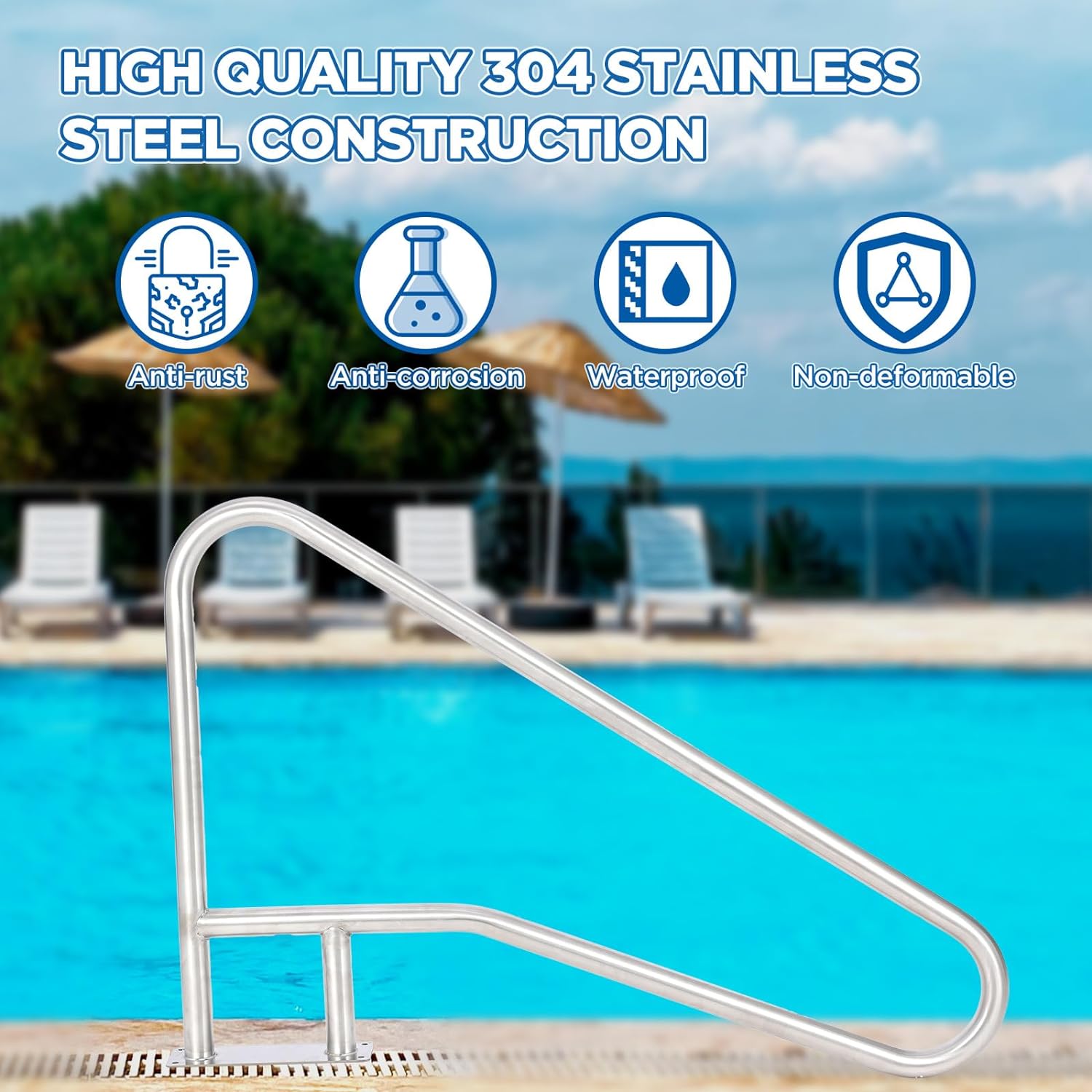 Garvee Pool Handrail 55x32 Pool Rail 304 Stainless Steel Silver Rustproof Pool Stair Rail with Blue Grip Cover Humanized Swimming Pool Railing, Quick Mount Accessories for Pools and Spas