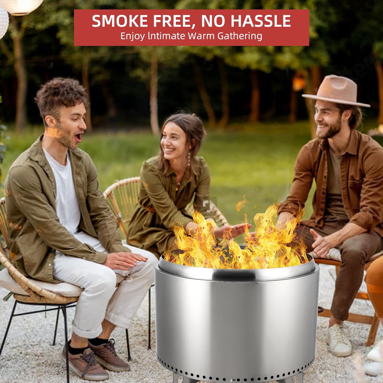 Garvee 27" Smokeless Fire Pit with Air Switch,Without handle,Portable Stainless Steel, Fixed Stand & Stove Hook, Ash Pan, for Camping, Backyard, Patio