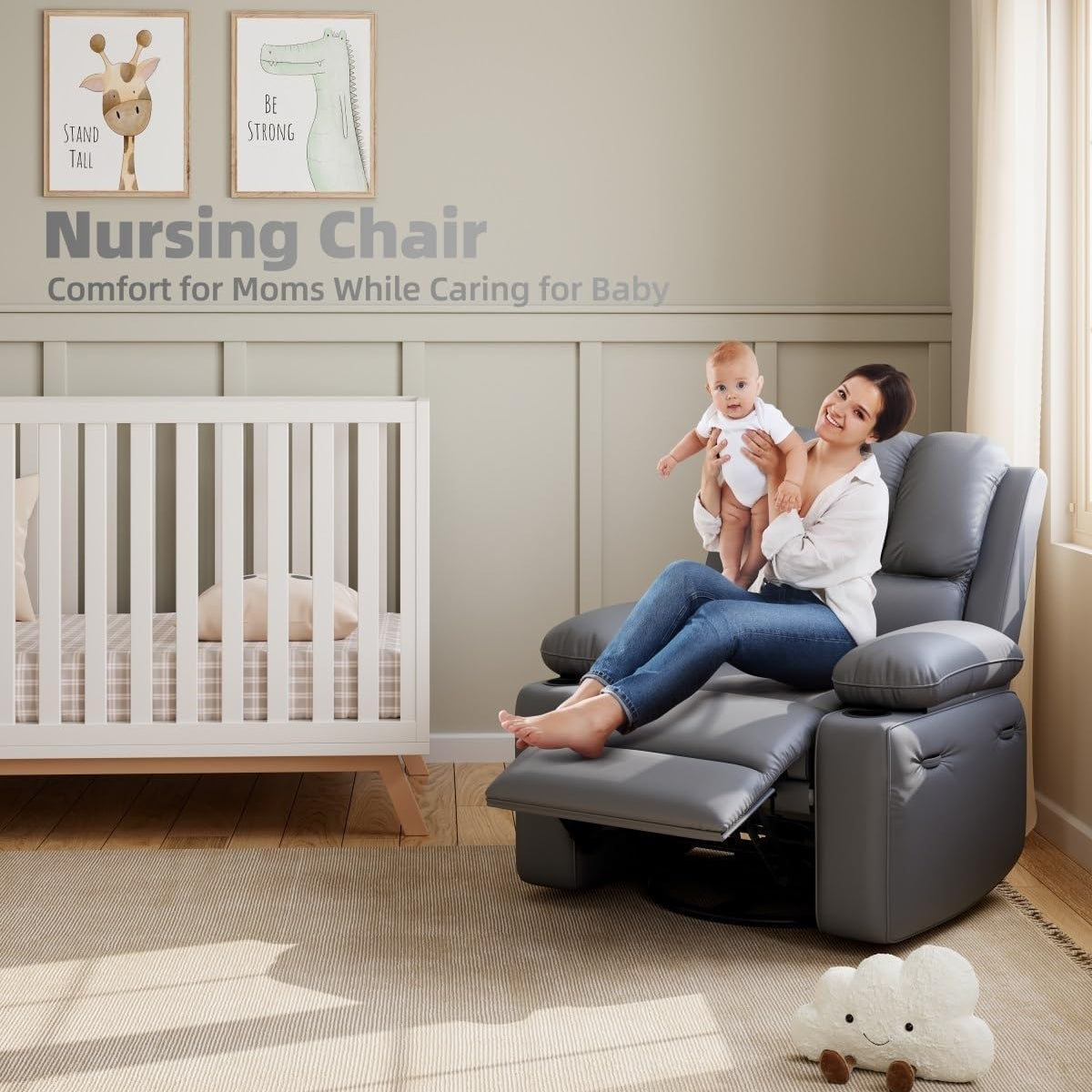 Garvee 22“ Massage Recliner Chair for Adults, Lounge Recliner with Vibrating Massage, PU Leather Recliner with Cup Holders and Side Pockets, for Living Room, Bedroom, and Nursery, Gray