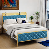 Garvee Queen Size Bed Frame, Storage Headboard with Charging Station, Platform Bed with Velvet Backrest, No Box Spring Needed, Easy Assembly, Teal - Teal