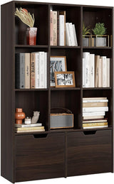 Garvee Brown Bookshelf with 9 Cubes & 2 Drawers - Tall Storage Cabinet, P2 Particle Board, Adjustable Shelves, Anti-Collapse Device, Living Room/Office/Study/Kitchen - Dark Brown