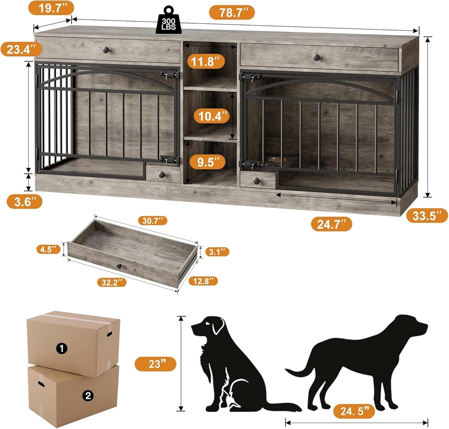 Garvee Dog Crate Furniture for 2 Dogs, 78.7" Large Dog Kennel Indoor with 2 Storage Drawers, 3 Shelves and Feeding Bowls, Double Dog Crate TV Stand for Small and Medium Dogs, Gray