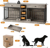 Garvee Dog Crate Furniture for 2 Dogs, 78.7" Large Dog Kennel Indoor with 2 Storage Drawers, 3 Shelves and Feeding Bowls, Double Dog Crate TV Stand for Small and Medium Dogs, Gray