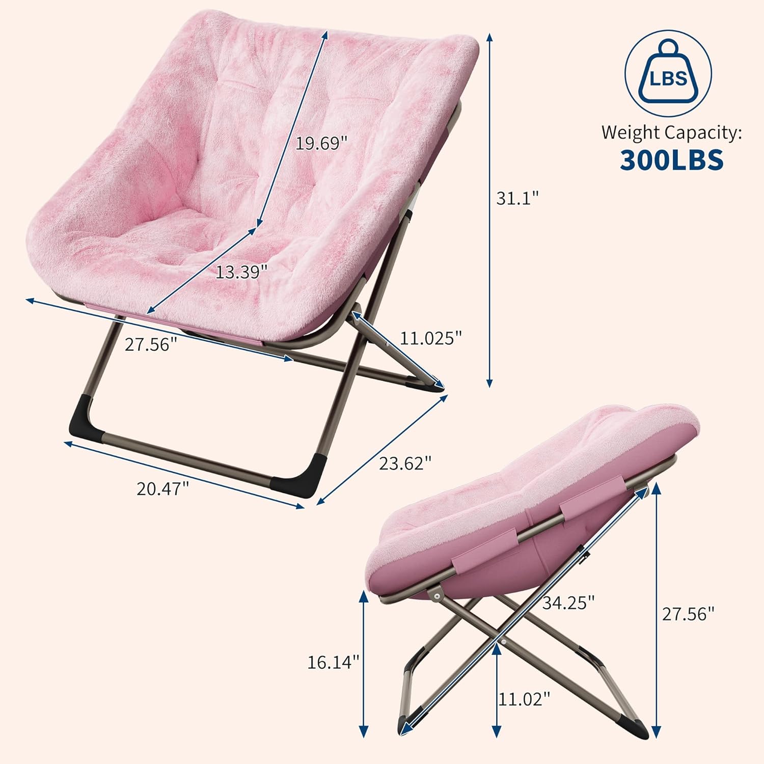 Garvee Folding Saucer Chairs for Adults, Comfy Faux Fur Lazy Chair with Metal Frame, 300 LB Capacity, No Assembly Required for Living Room, Bedroom, Dorms, Pink