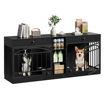 Garvee Dog Crate Furniture for 2 Dogs, 78.7" Large Dog Kennel Indoor with 2 Storage Drawers, 3 Shelves and Feeding Bowls, Double Dog Crate TV Stand for Small and Medium Dogs, Black
